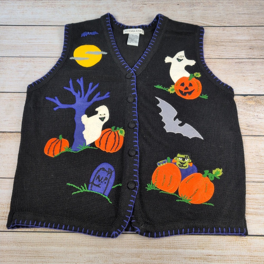 Victoria Jones Vintage Halloween Sweater Vest Black XL Ghost Pumpkin Bat Spooky